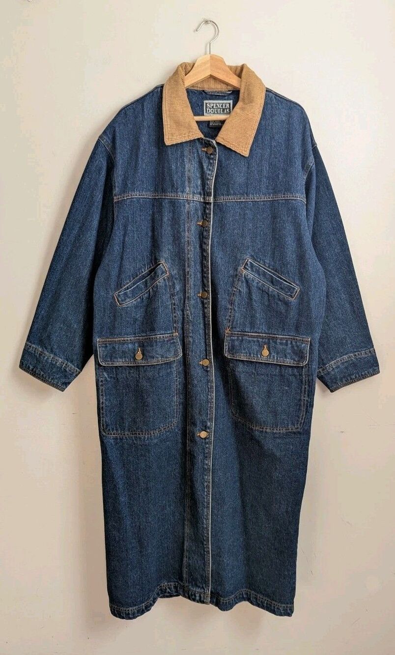 Vtg 90s Denim Jean Jacket Long Duster Coat M Cotton Oversized Corduroy Collar